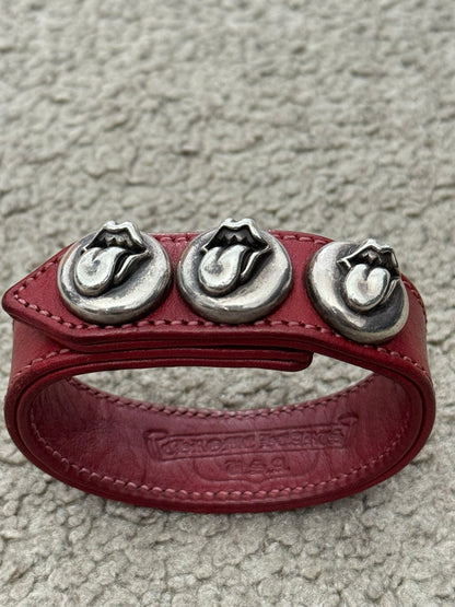 Chrome Hearts 3 Silver Rolling Stones Snap Button Leather Bracelet