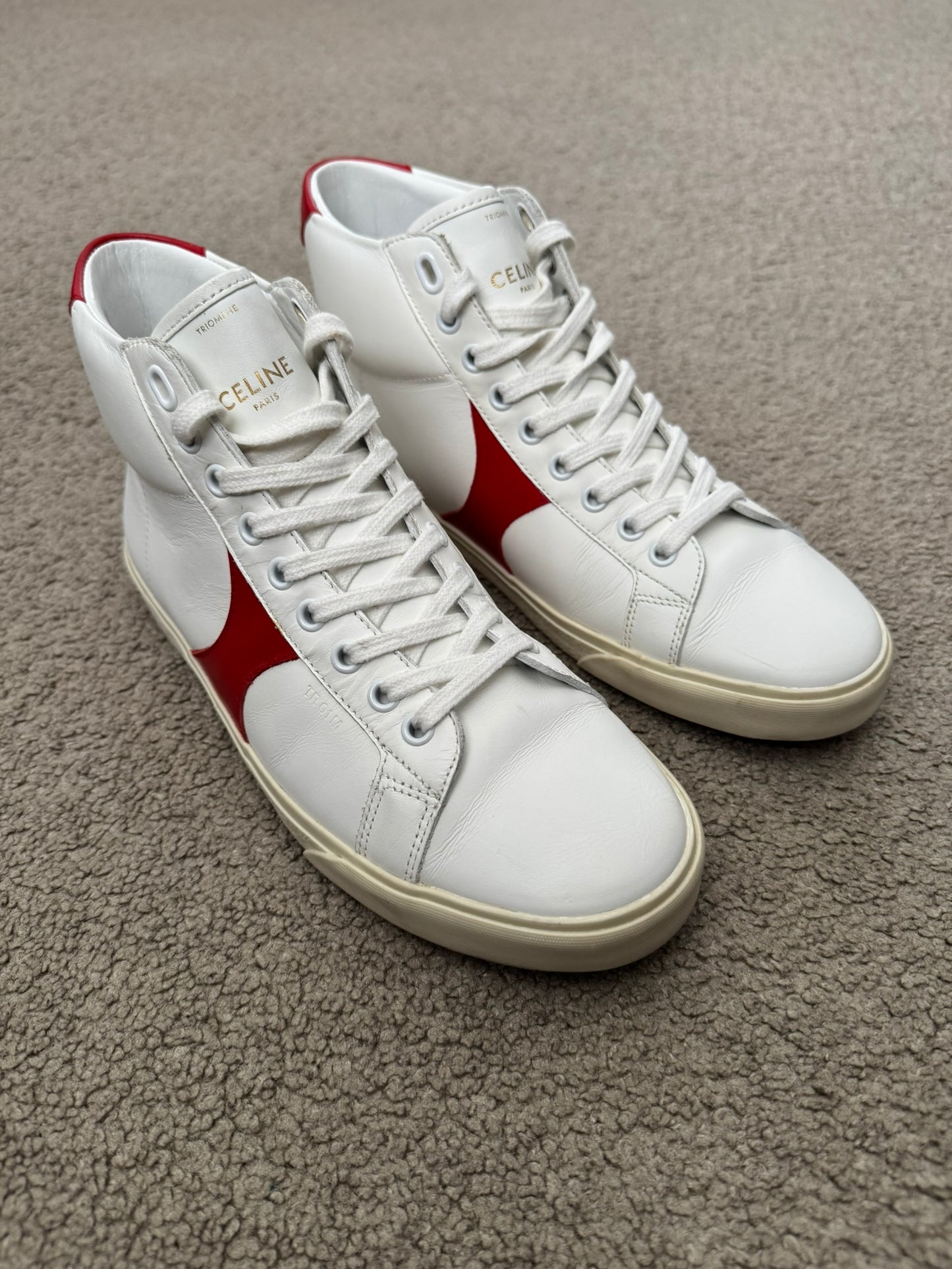 Celine TR 01 Triomphe White & Red Mid Top Sneakers