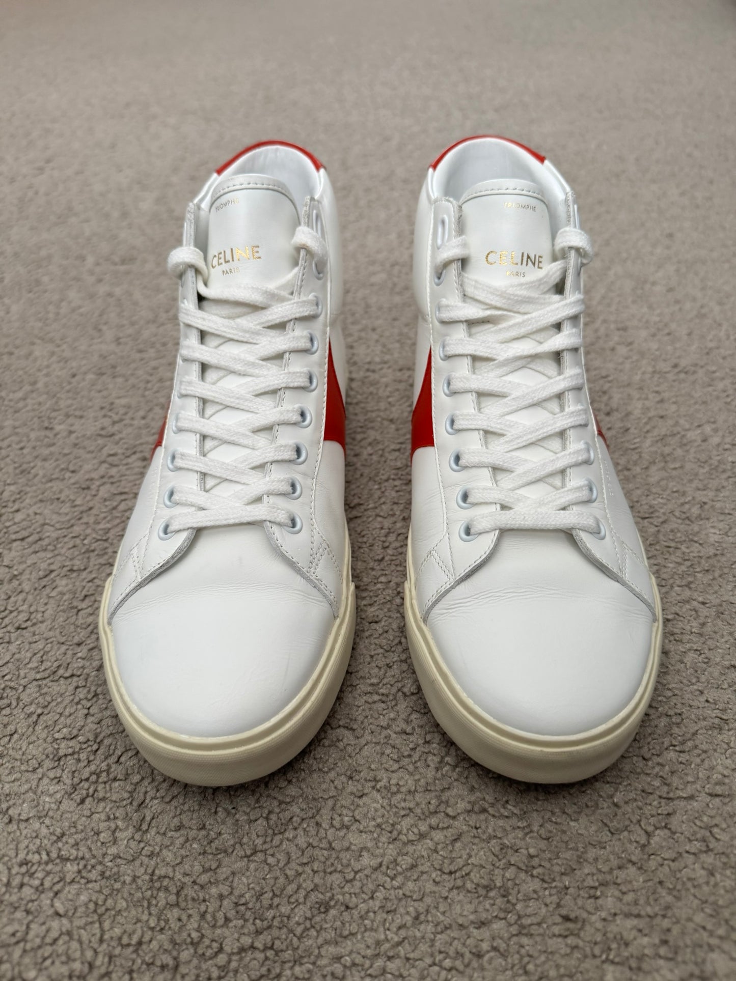 Celine TR 01 Triomphe White & Red Mid Top Sneakers