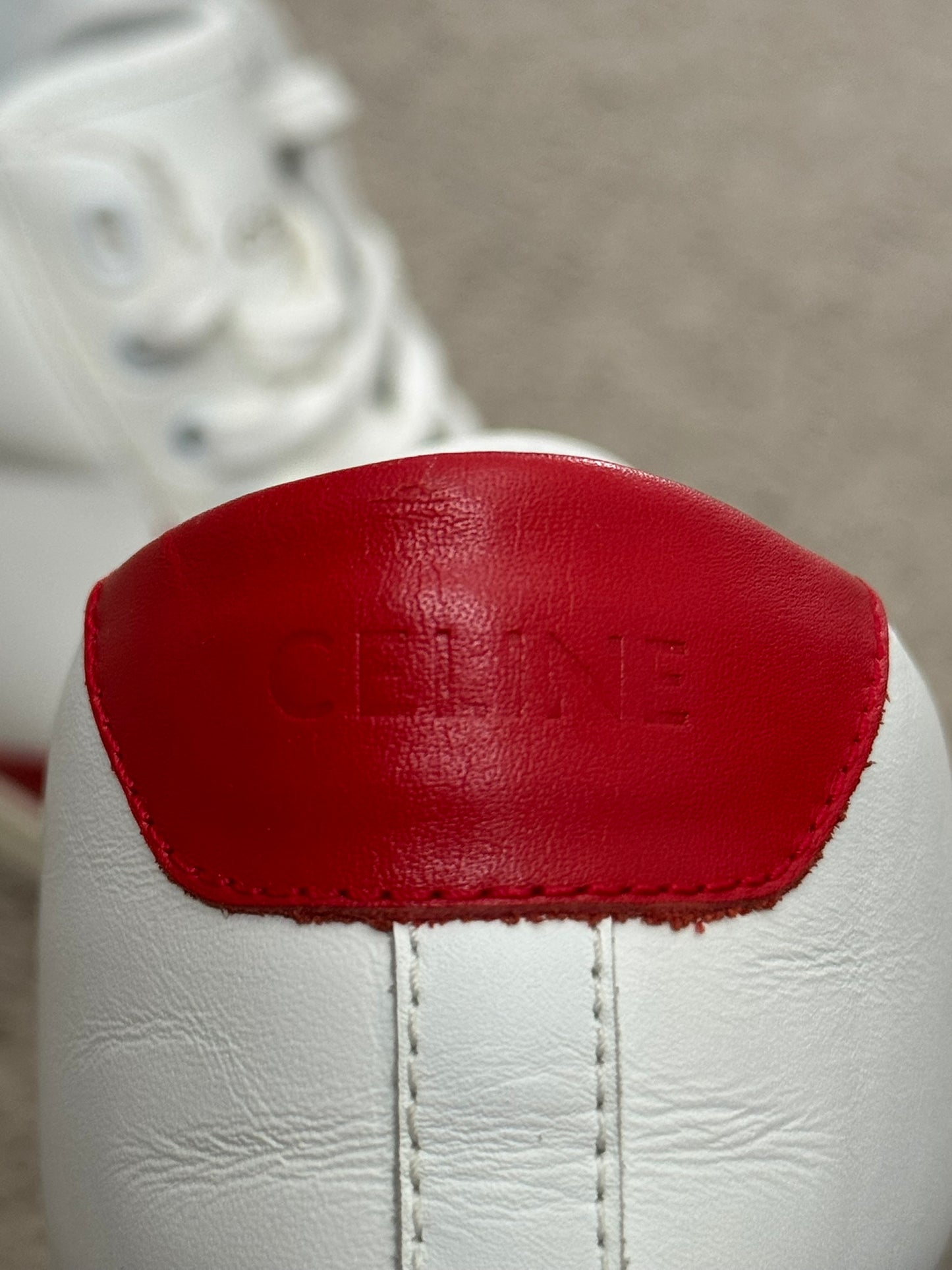 Celine TR 01 Triomphe White & Red Mid Top Sneakers