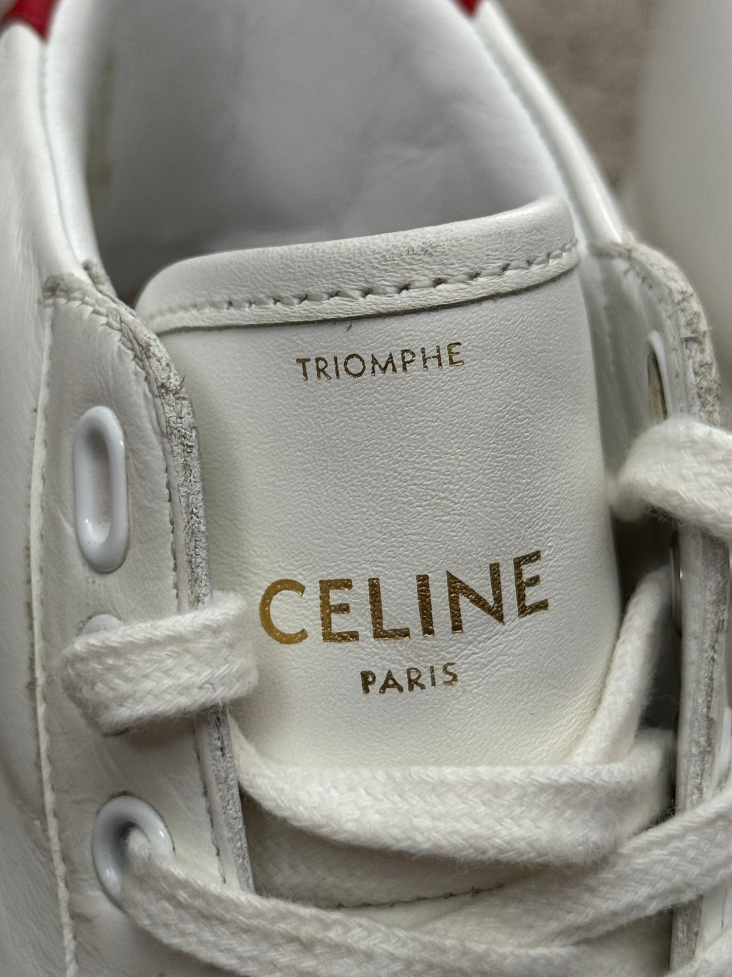 Celine TR 01 Triomphe White & Red Mid Top Sneakers