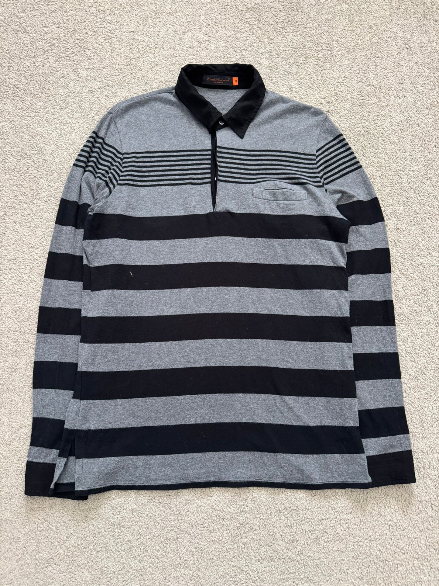 SS07 Undercover Black/Grey Striped Rugby Polo Long Sleeve Shirt