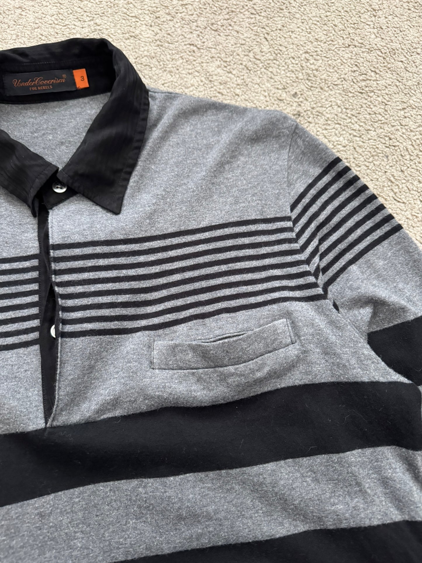 SS07 Undercover Black/Grey Striped Rugby Polo Long Sleeve Shirt