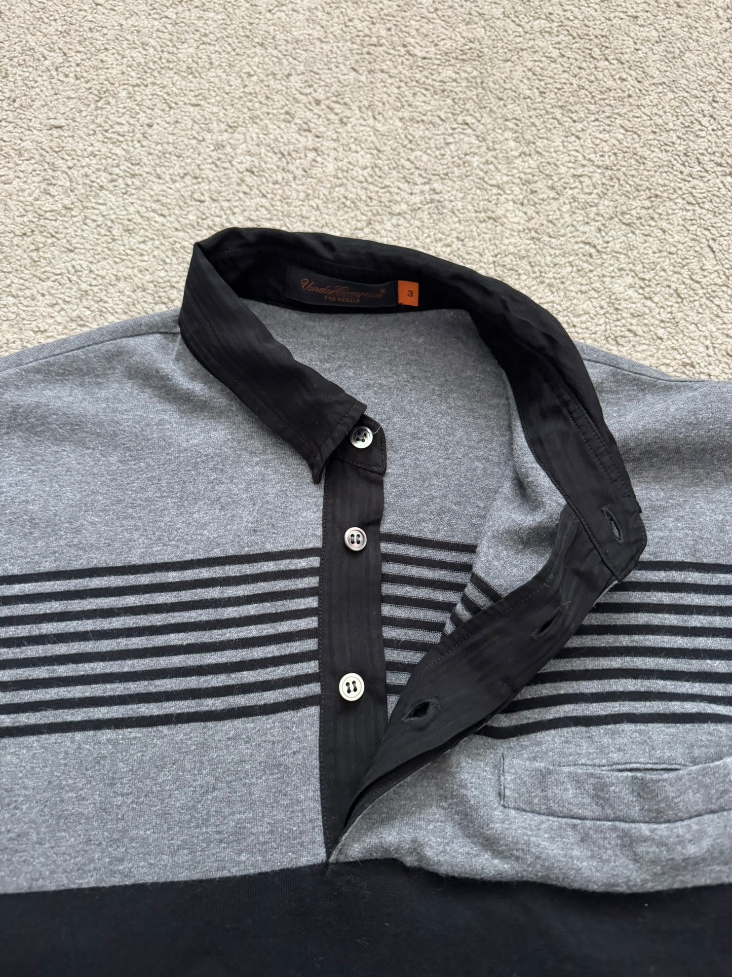 SS07 Undercover Black/Grey Striped Rugby Polo Long Sleeve Shirt