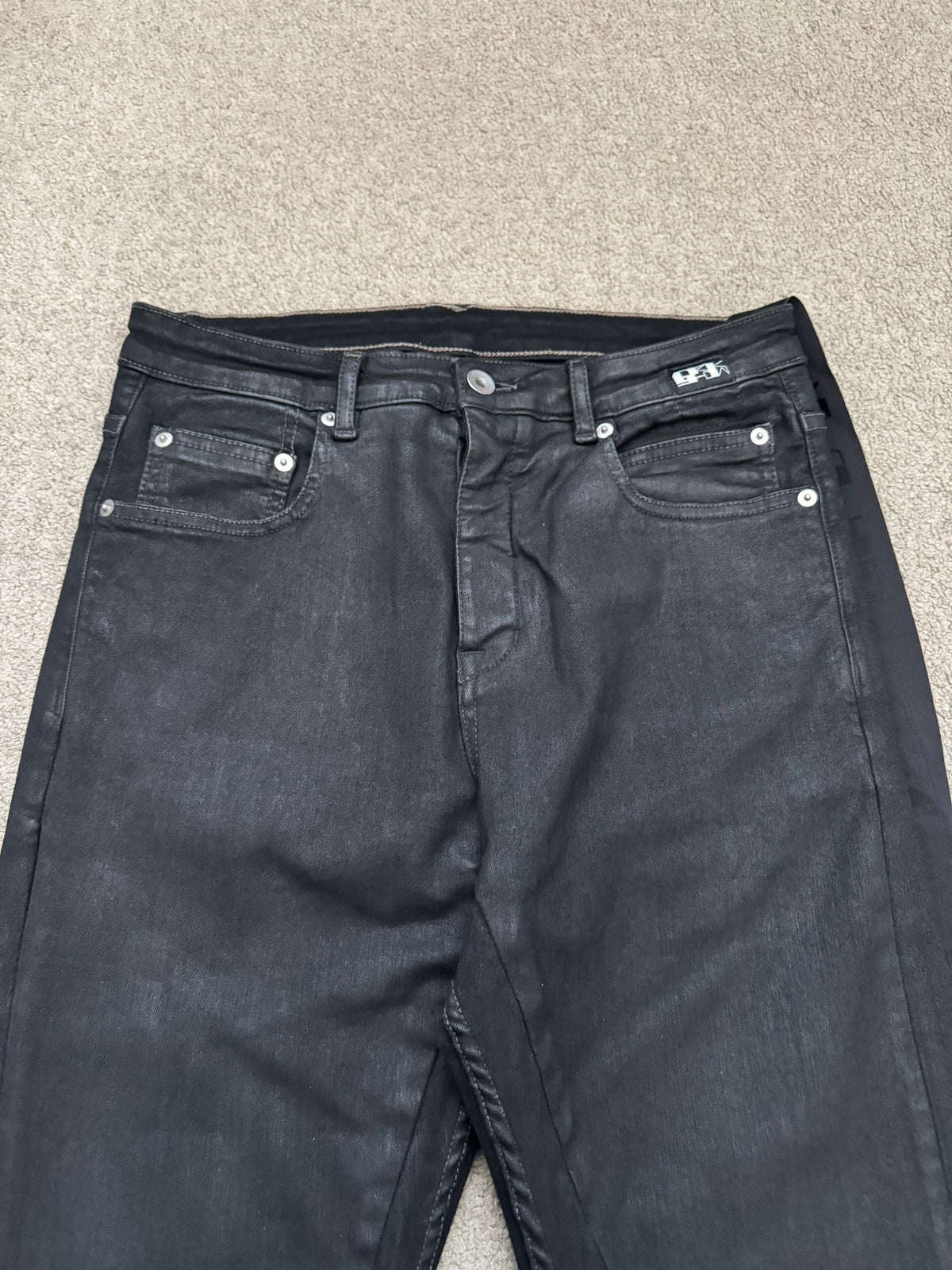 SS21 Rick Owens DRKSHDW Black Waxed Detroit Cut Denim Jeans