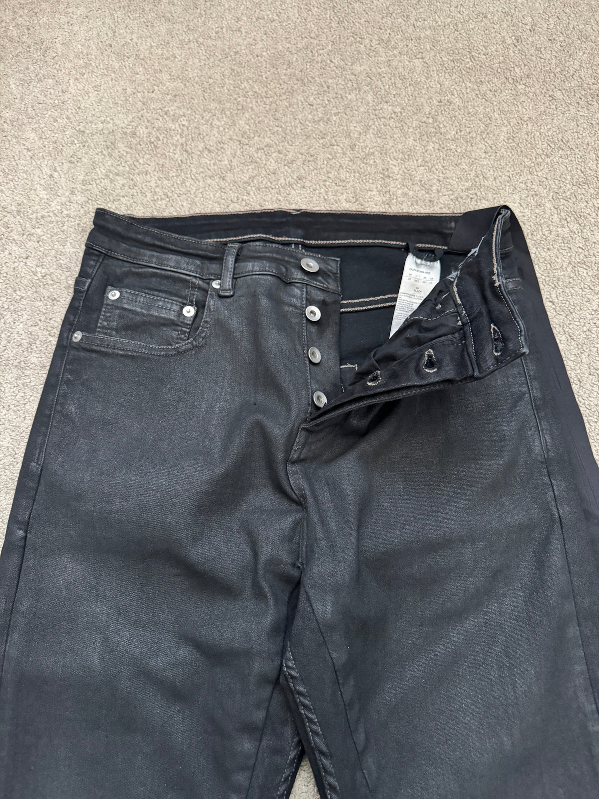 SS21 Rick Owens DRKSHDW Black Waxed Detroit Cut Denim Jeans