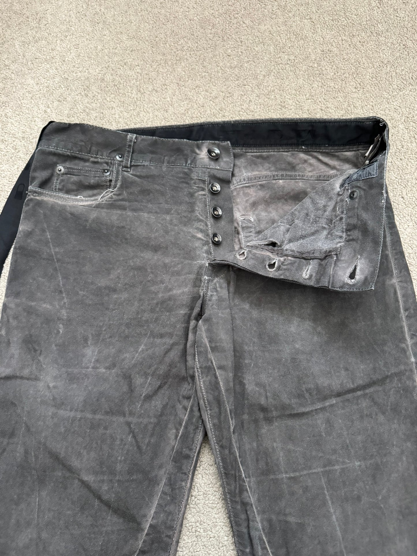 FW11 Rick Owens DRKSHDW "Limo" Overdyed Mud AMC Coated Detroit Cut Jeans