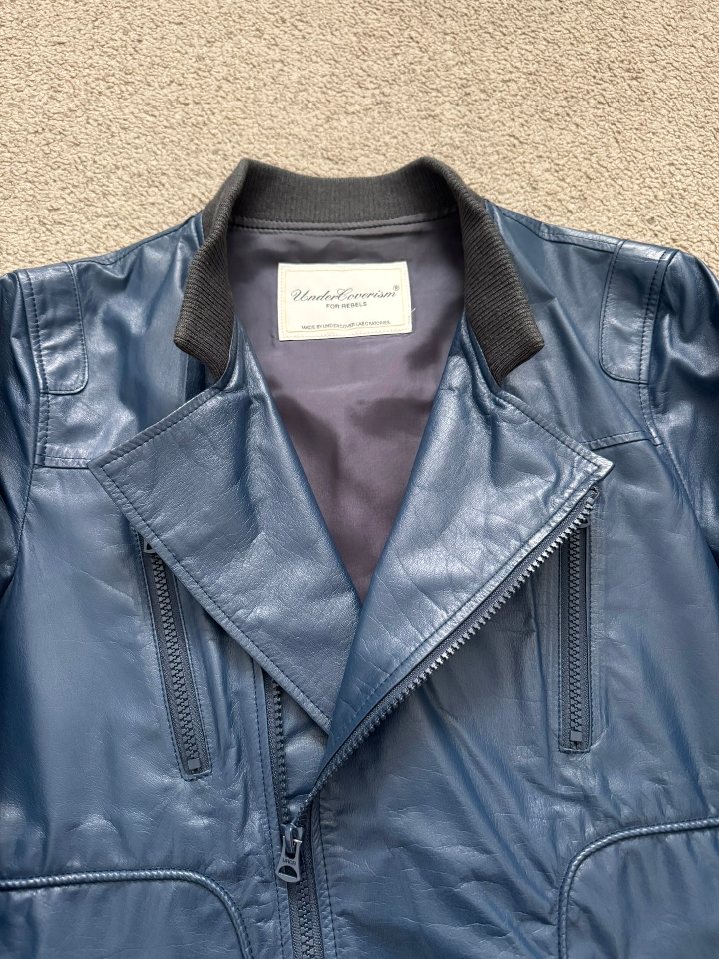 SS11 Undercover "Underman" Blue Biker Zipper Leather Jacket