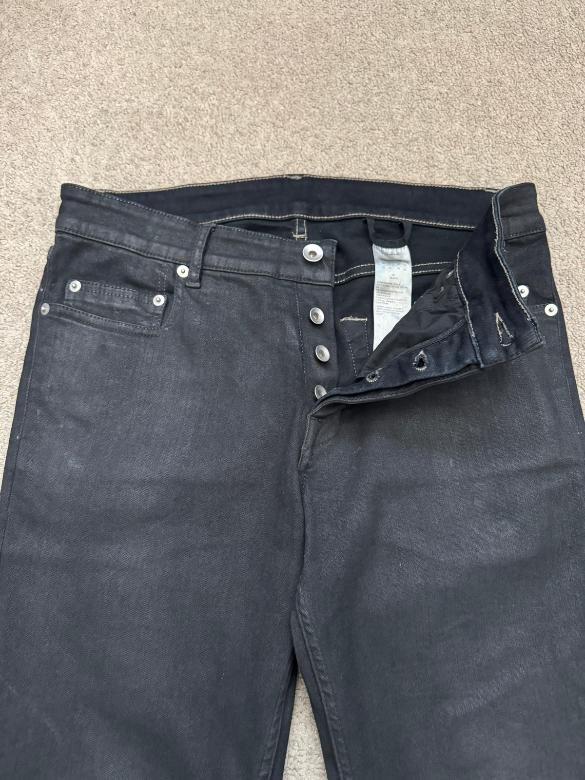 SS20 Rick Owens DRKSHDW Black Waxed Tyrone Cut Denim Jeans