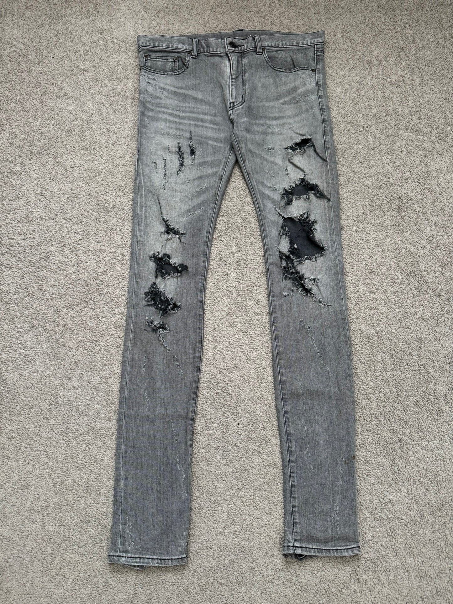 FW13 Saint Laurent by Hedi Slimane Grey Crash Distressed D02 Denim Jeans