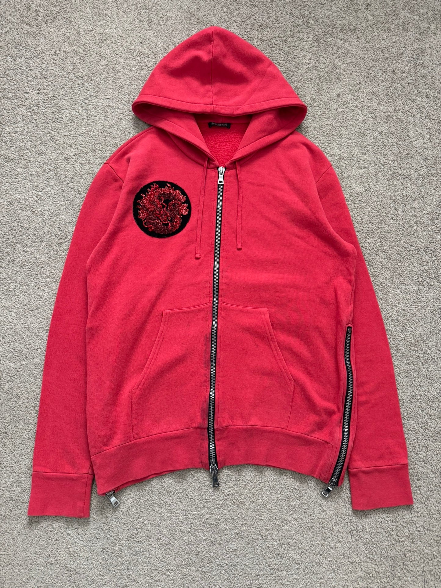 Balmain by Olivier Rousteing Dragon Patch Zip Up Biker Hoodie