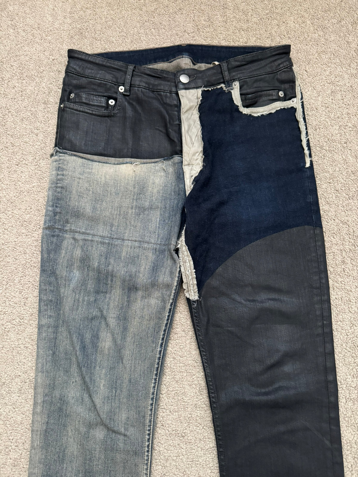 SS19 Rick Owens Mainline “Babel” Hybrid Collage Tyrone Cut Denim Jeans