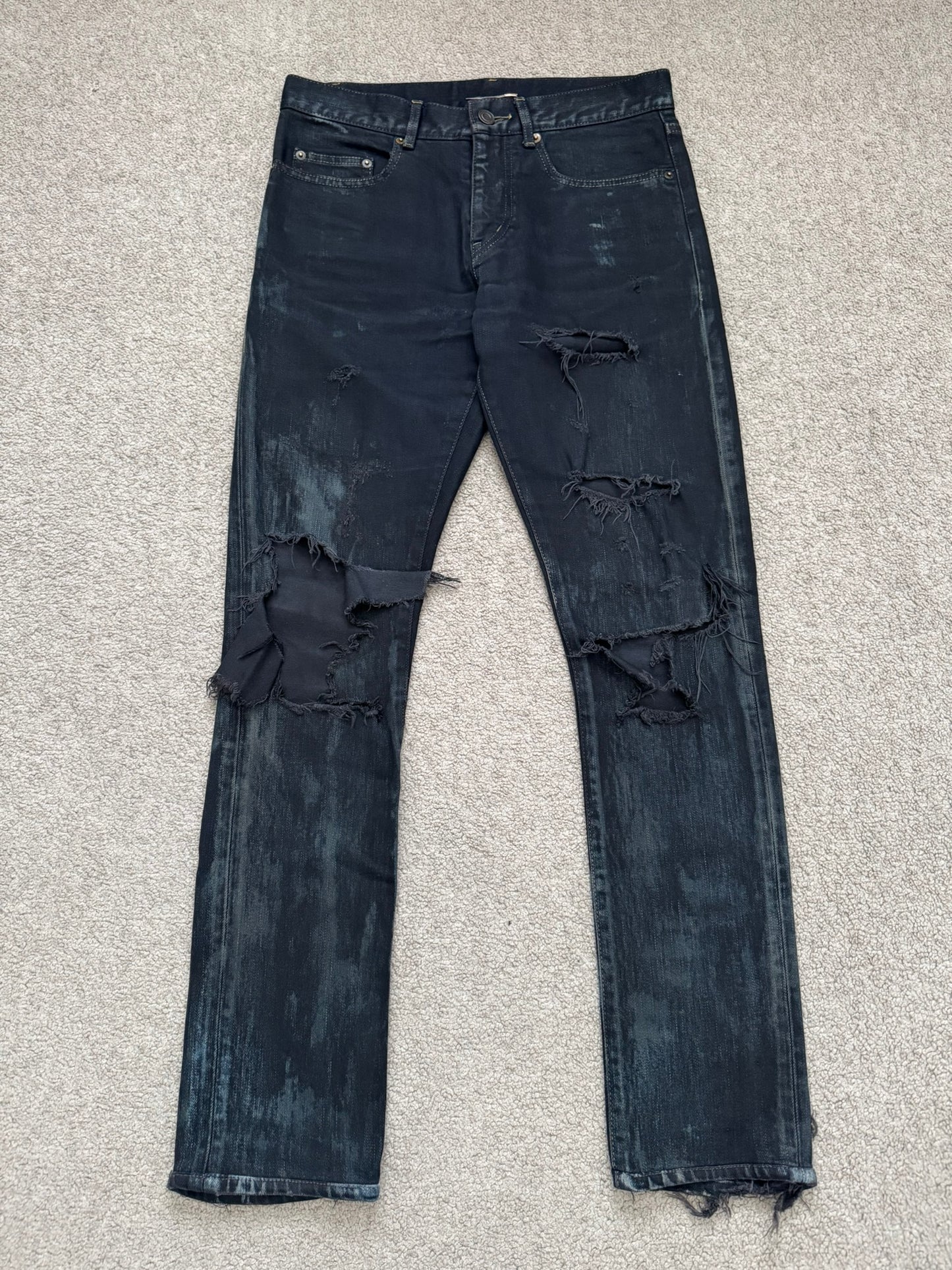 FW14 Saint Laurent by Hedi Slimane Oil Stain/Spill Crash Distressed Denim Jeans
