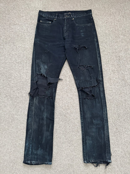 FW14 Saint Laurent by Hedi Slimane Oil Stain/Spill Crash Distressed Denim Jeans