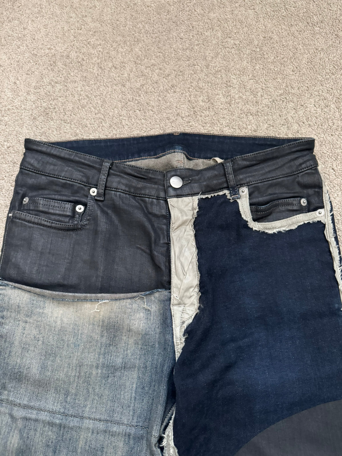SS19 Rick Owens Mainline “Babel” Hybrid Collage Tyrone Cut Denim Jeans