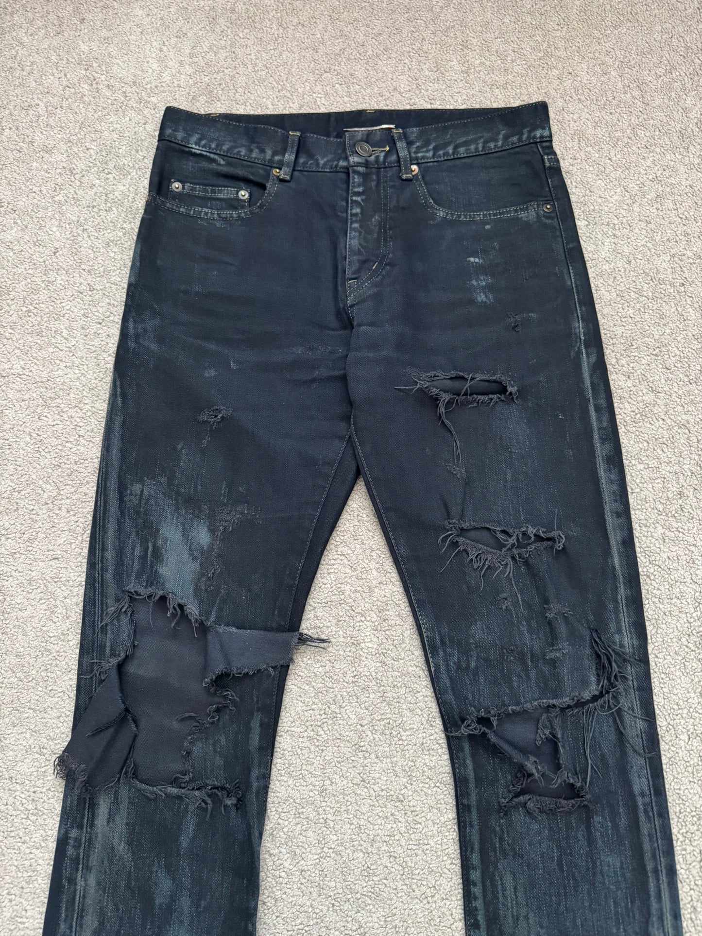 FW14 Saint Laurent by Hedi Slimane Oil Stain/Spill Crash Distressed Denim Jeans