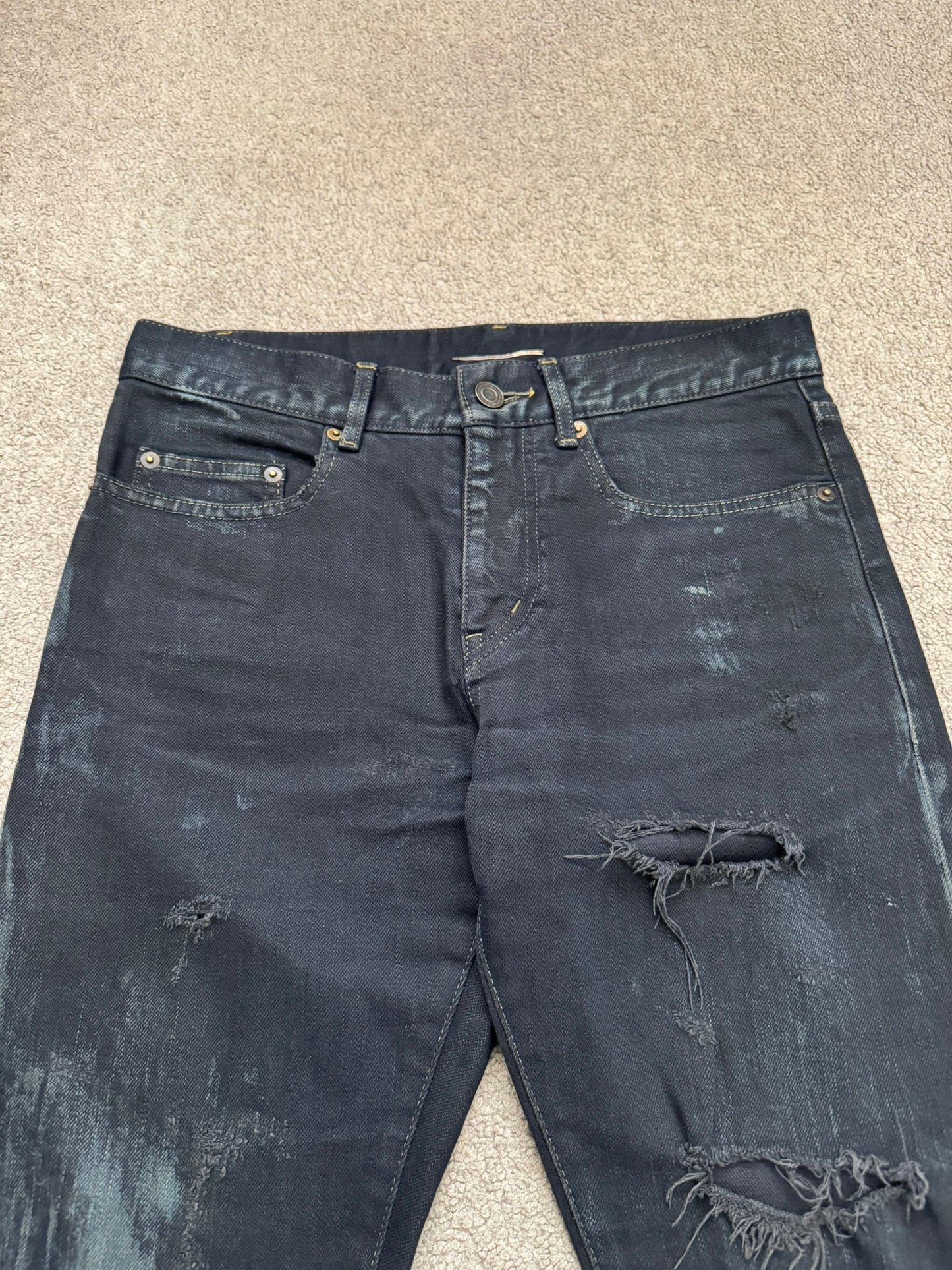 FW14 Saint Laurent by Hedi Slimane Oil Stain/Spill Crash Distressed Denim Jeans