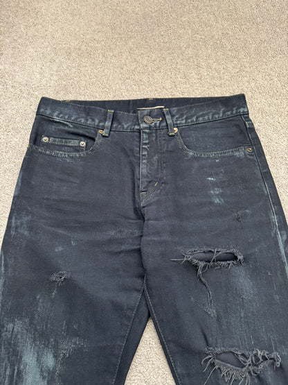 FW14 Saint Laurent by Hedi Slimane Oil Stain/Spill Crash Distressed Denim Jeans