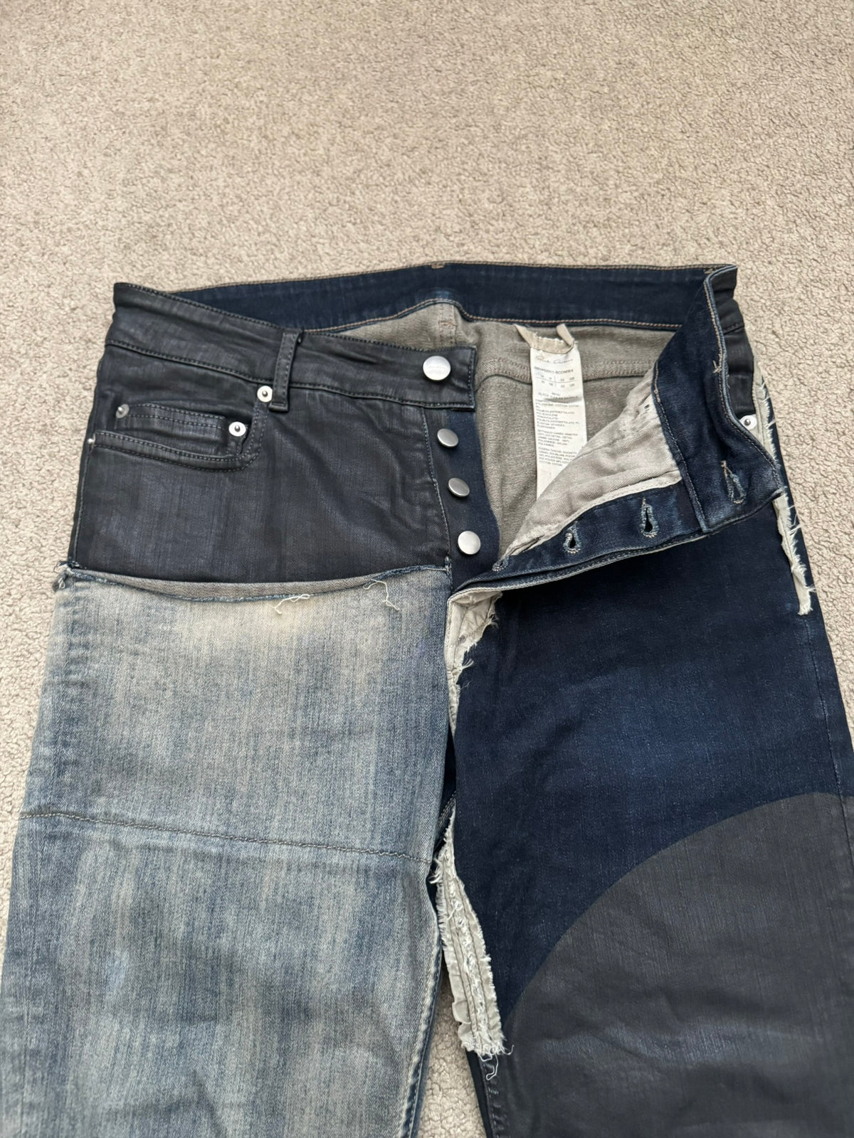 SS19 Rick Owens Mainline “Babel” Hybrid Collage Tyrone Cut Denim Jeans