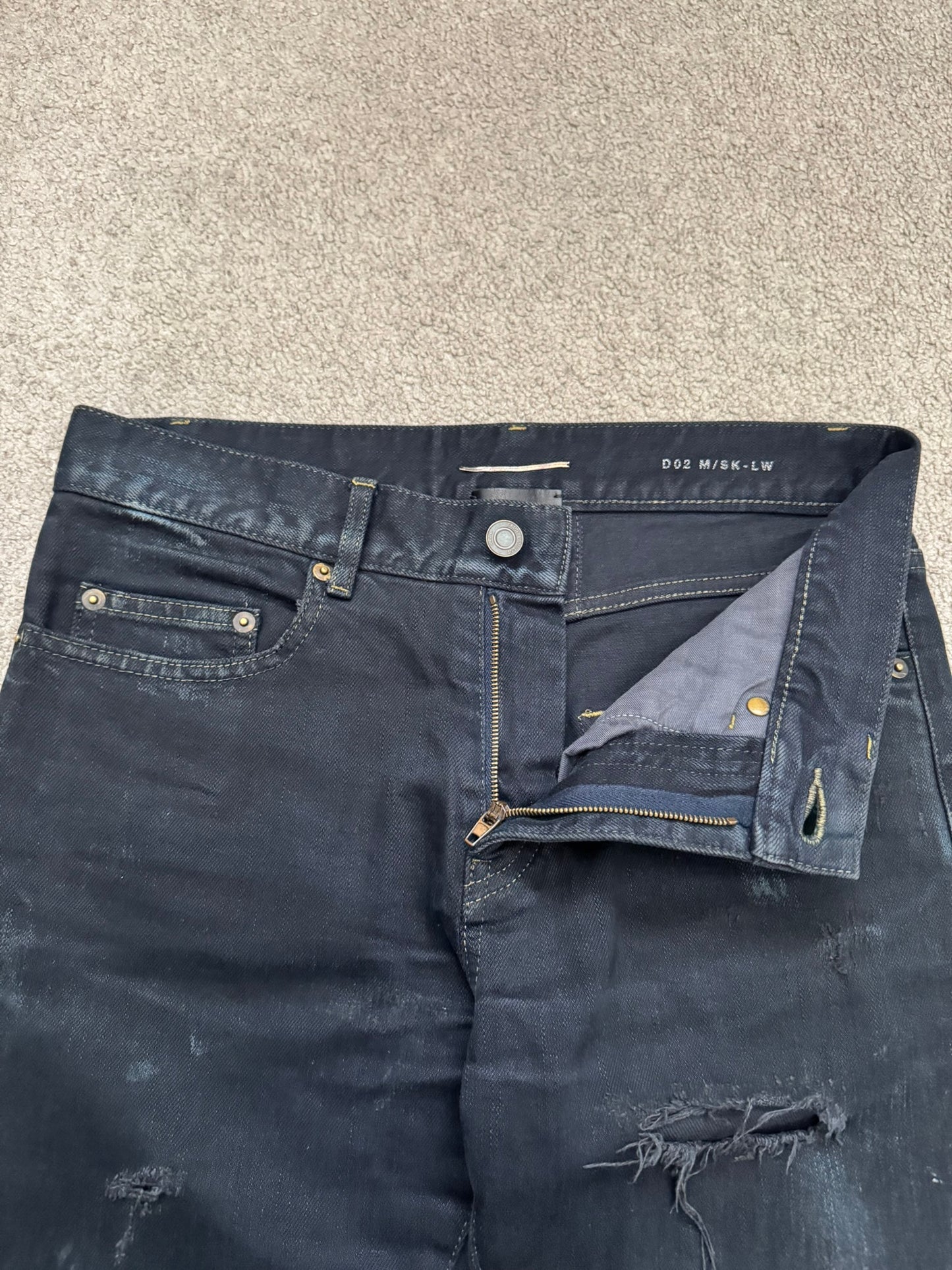 FW14 Saint Laurent by Hedi Slimane Oil Stain/Spill Crash Distressed Denim Jeans