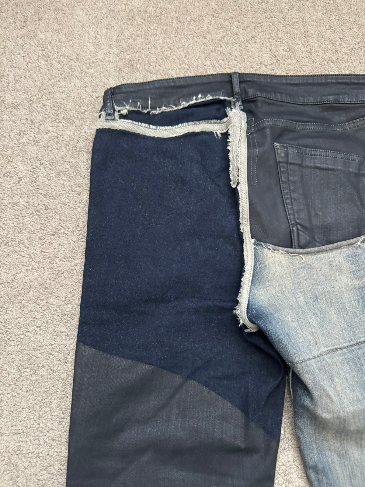 SS19 Rick Owens Mainline “Babel” Hybrid Collage Tyrone Cut Denim Jeans