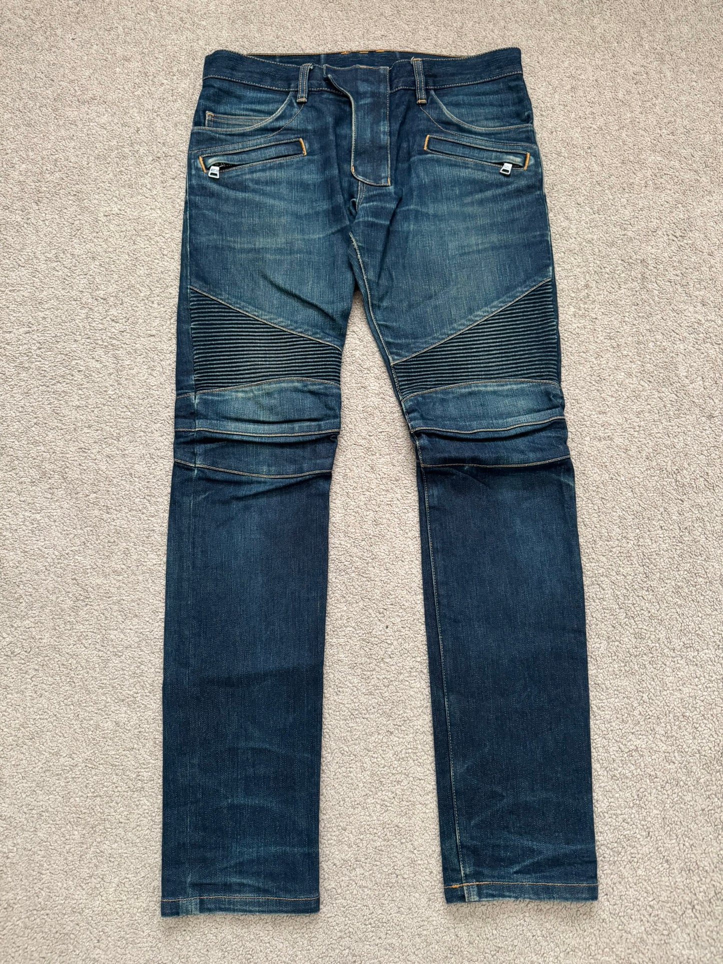 FW14 Balmain by Olivier Rousteing Indigo Zip Biker Denim Jeans
