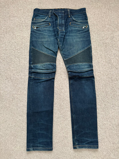 FW14 Balmain by Olivier Rousteing Indigo Zip Biker Denim Jeans