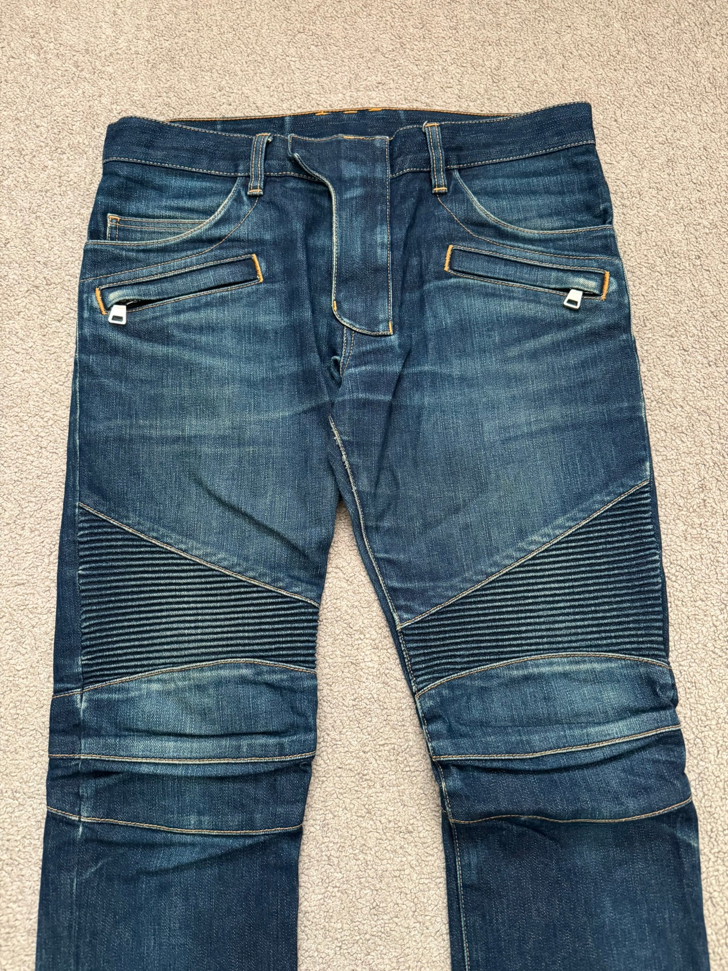 FW14 Balmain by Olivier Rousteing Indigo Zip Biker Denim Jeans