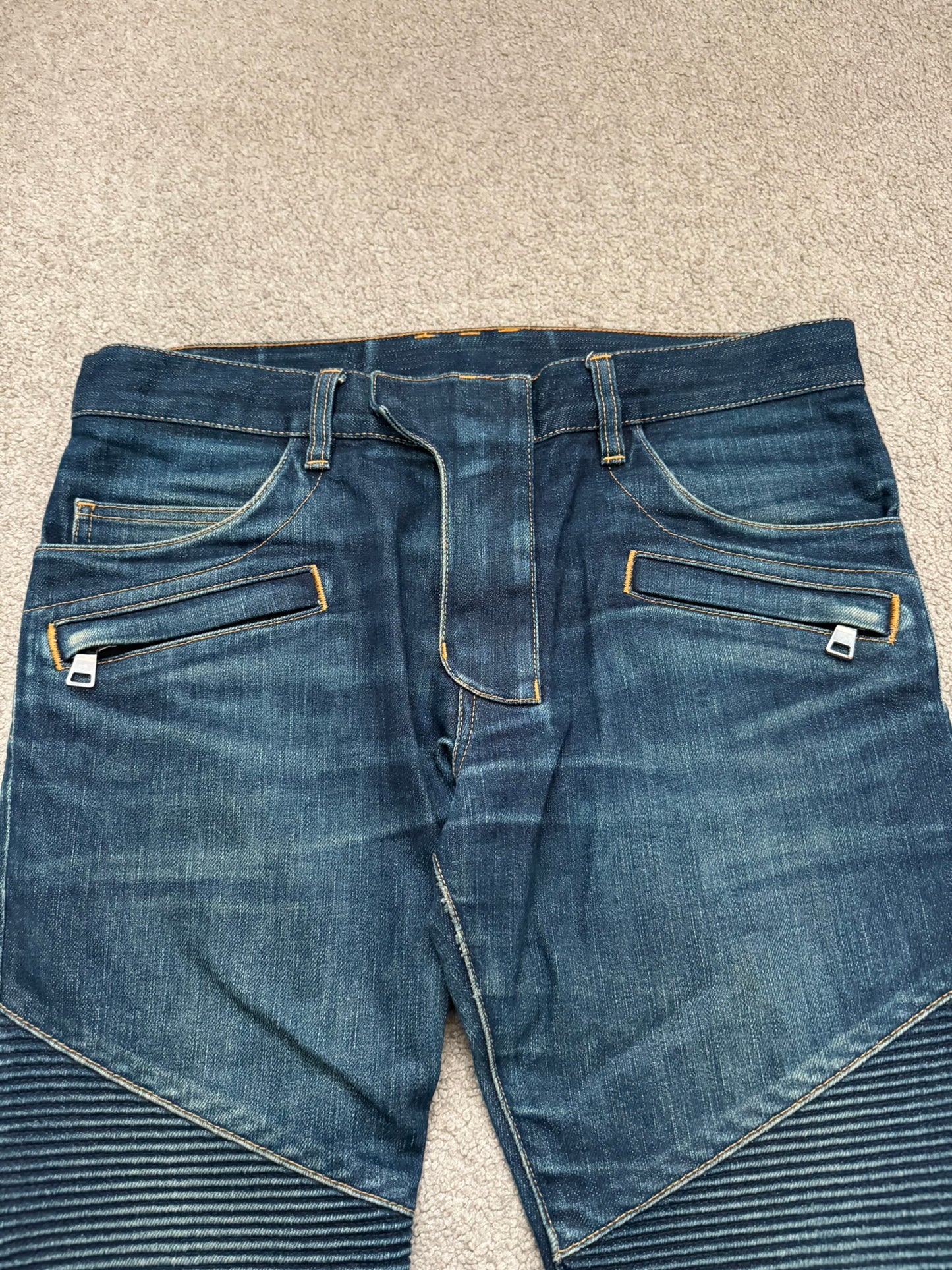 FW14 Balmain by Olivier Rousteing Indigo Zip Biker Denim Jeans