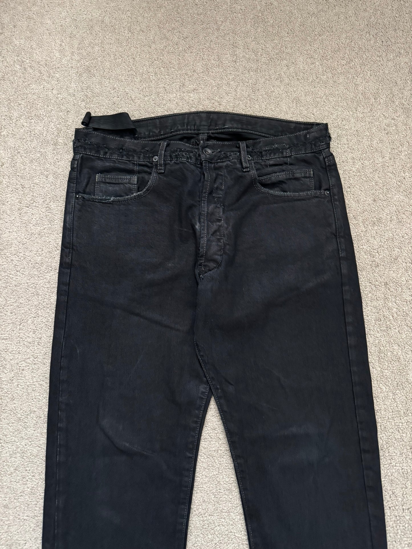 2000s Rick Owens DRKSHDW Black Waxed Detroit Denim Jeans