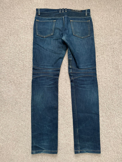 FW14 Balmain by Olivier Rousteing Indigo Zip Biker Denim Jeans
