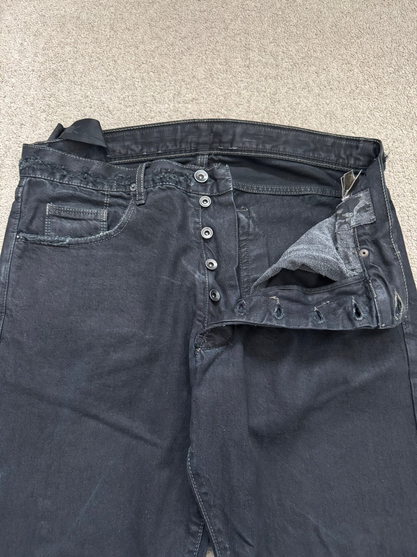 2000s Rick Owens DRKSHDW Black Waxed Detroit Denim Jeans