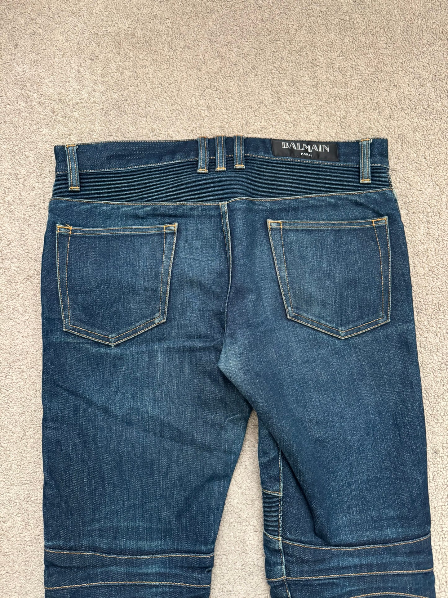 FW14 Balmain by Olivier Rousteing Indigo Zip Biker Denim Jeans