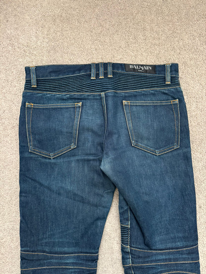 FW14 Balmain by Olivier Rousteing Indigo Zip Biker Denim Jeans