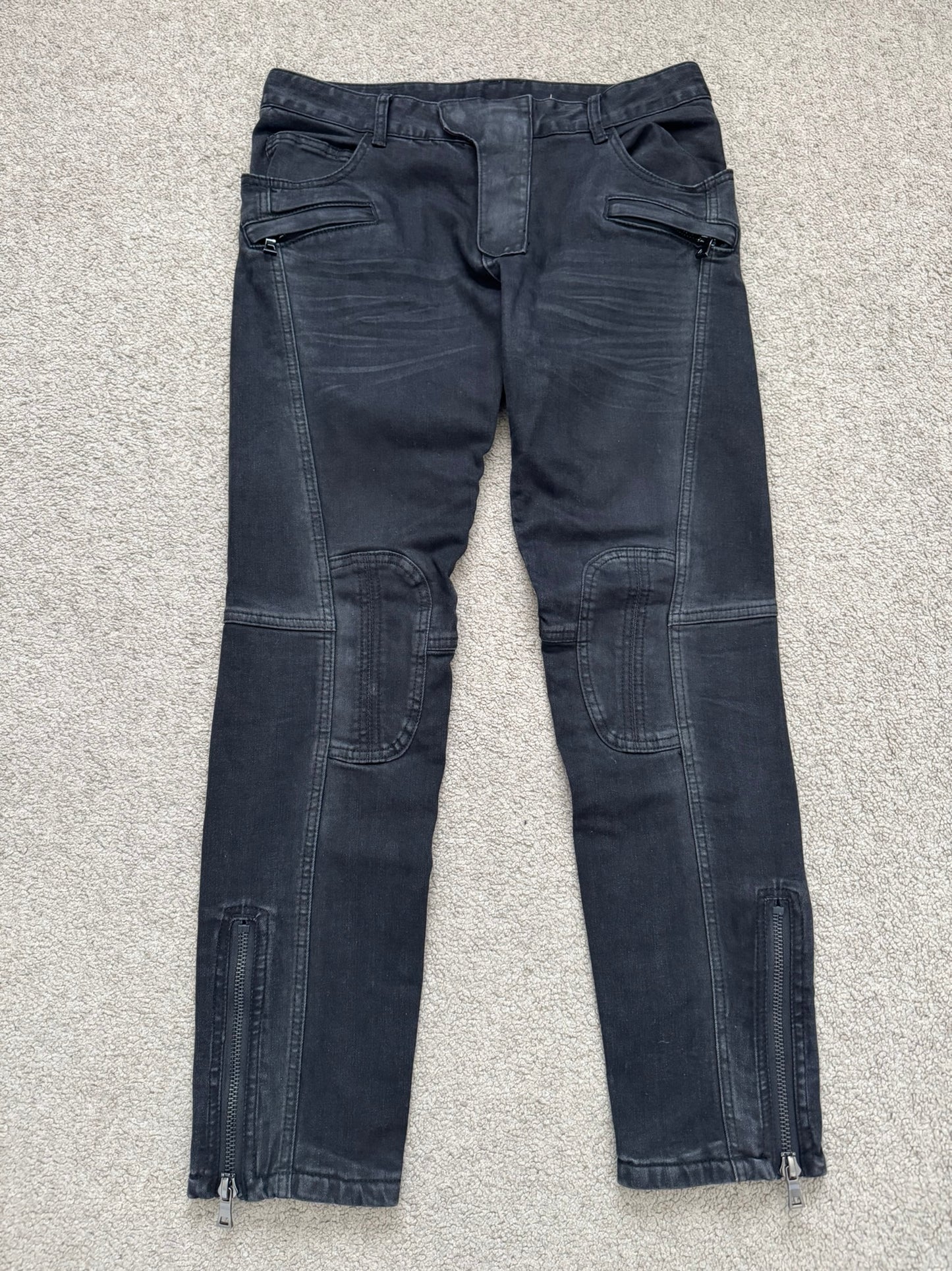 Balmain by Olivier Rousteing Black Waxed Biker Denim Jeans