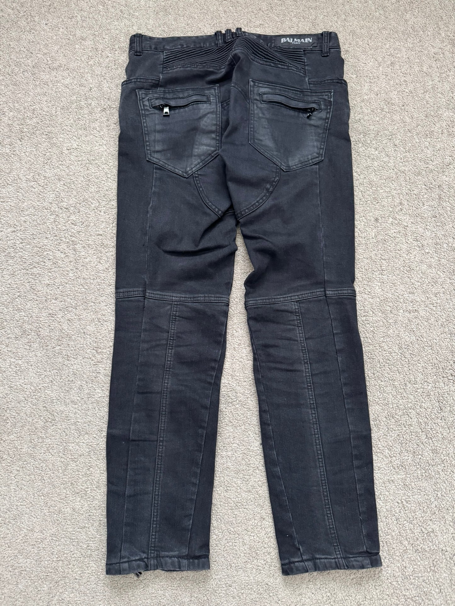 Balmain by Olivier Rousteing Black Waxed Biker Denim Jeans