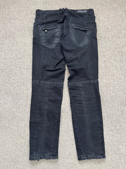 Balmain by Olivier Rousteing Black Waxed Biker Denim Jeans