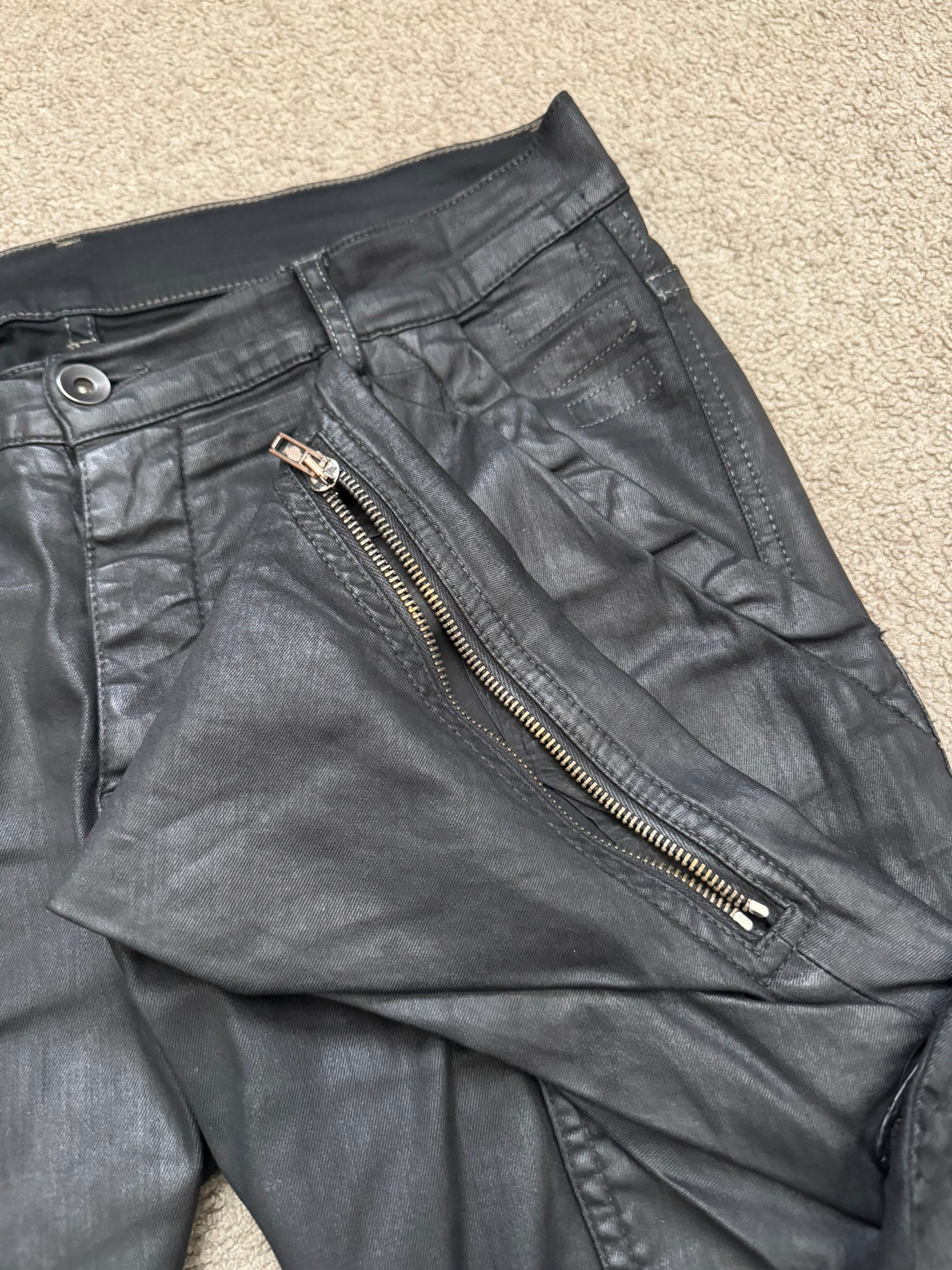 SS16 Rick Owens DRKSHDW Black Waxed Memphis Cut Biker Denim Jeans