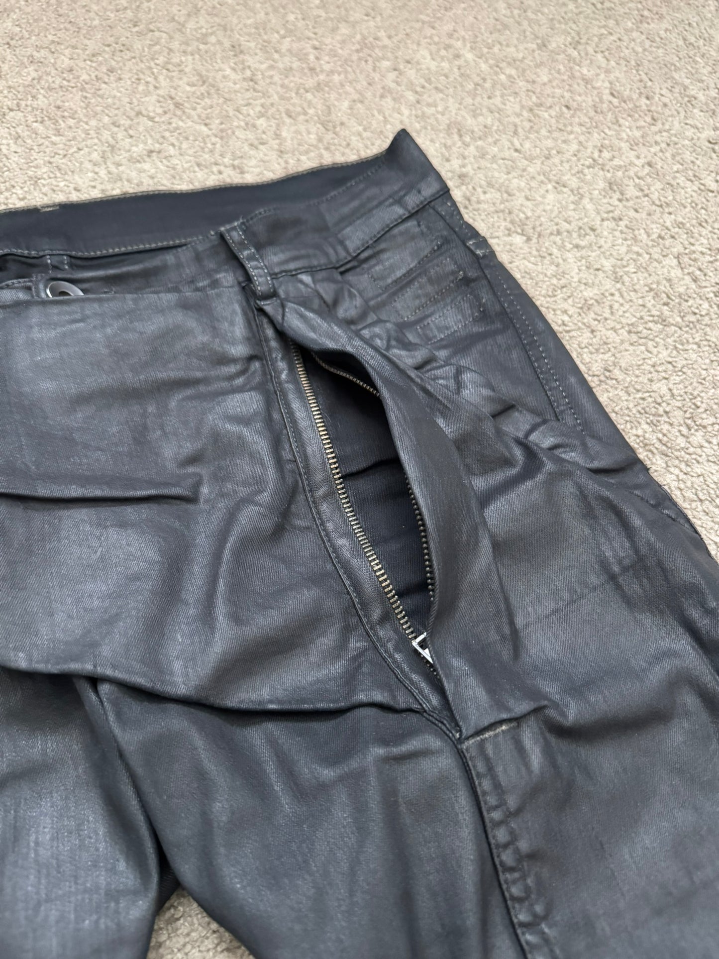 SS16 Rick Owens DRKSHDW Black Waxed Memphis Cut Biker Denim Jeans