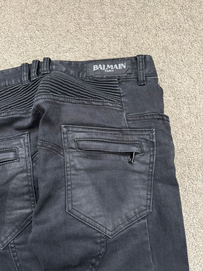 Balmain by Olivier Rousteing Black Waxed Biker Denim Jeans