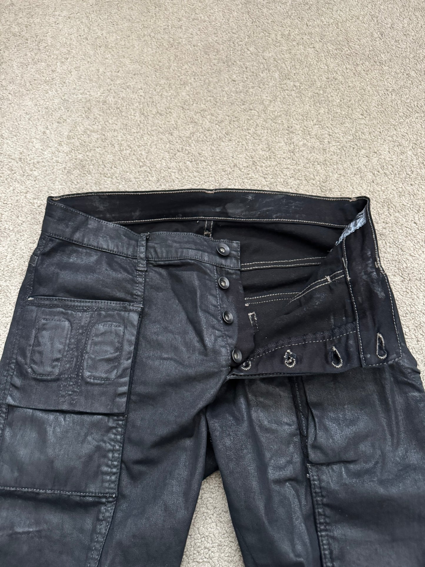 SS15 Rick Owens DRKSHDW Black Waxed Memphis Cut Biker Denim Jeans