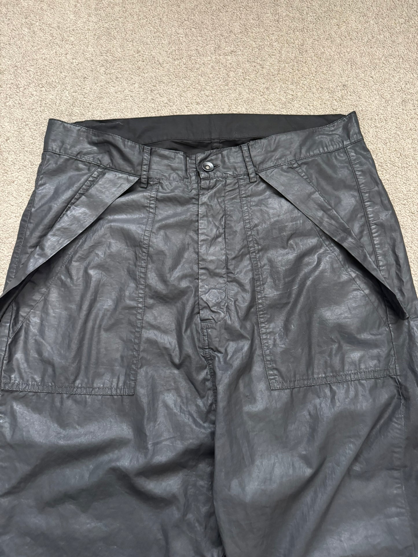 SS15 Rick Owens DRKSHDW Black Waxed Poplin Cargo Pants