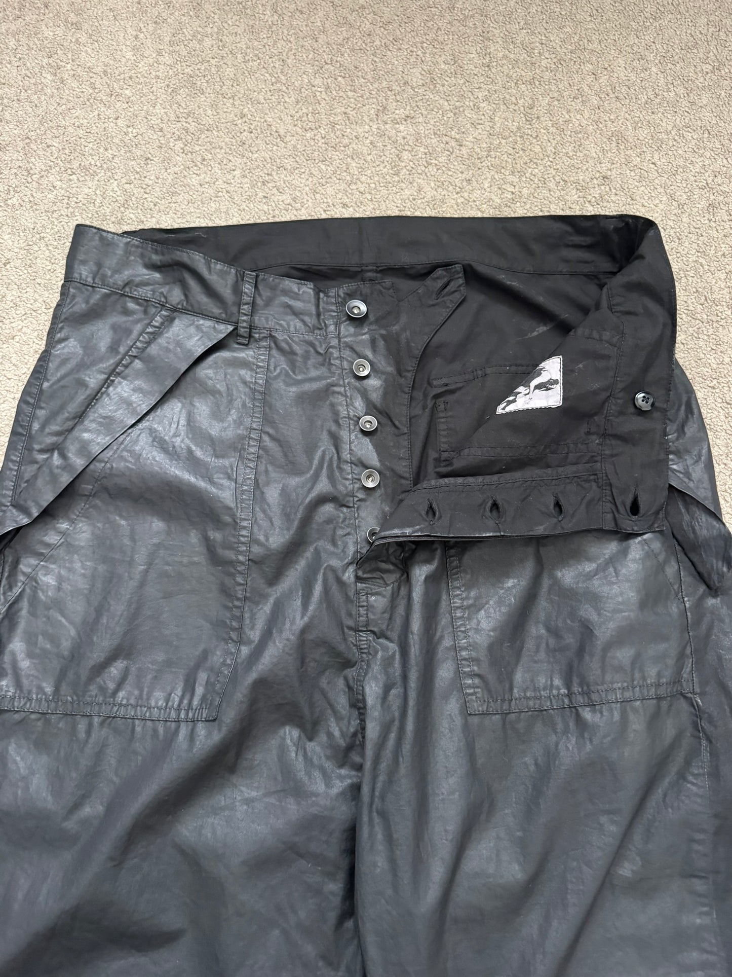 SS15 Rick Owens DRKSHDW Black Waxed Poplin Cargo Pants