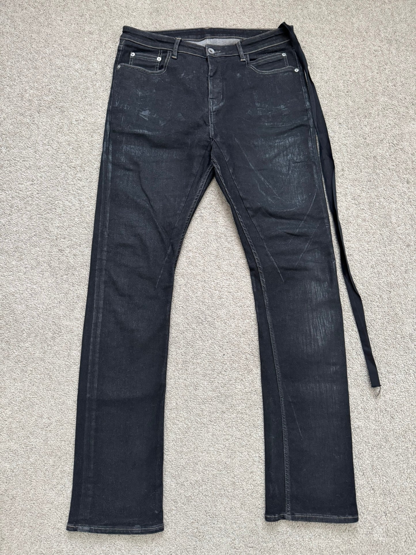 FW21 Rick Owens DRKSHDW Black Foil Waxed Detroit Denim Jeans