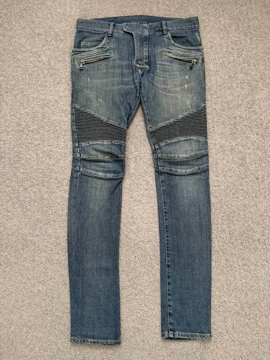 SS11 Balmain by Christophe Decarnin Faded Zip Biker Denim Jeans