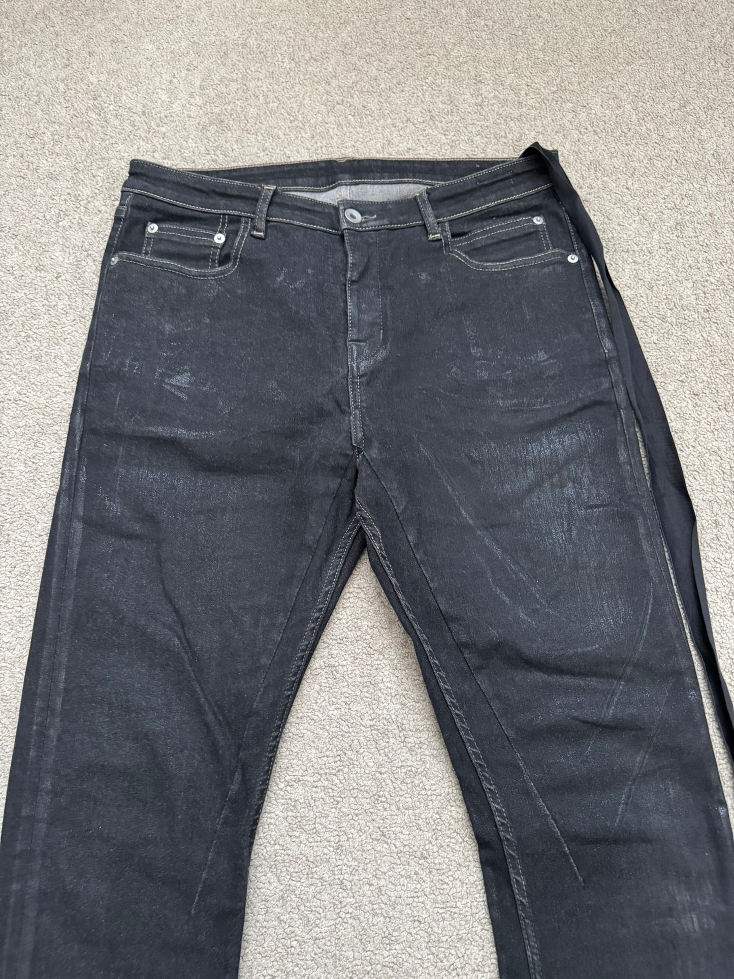 FW21 Rick Owens DRKSHDW Black Foil Waxed Detroit Denim Jeans