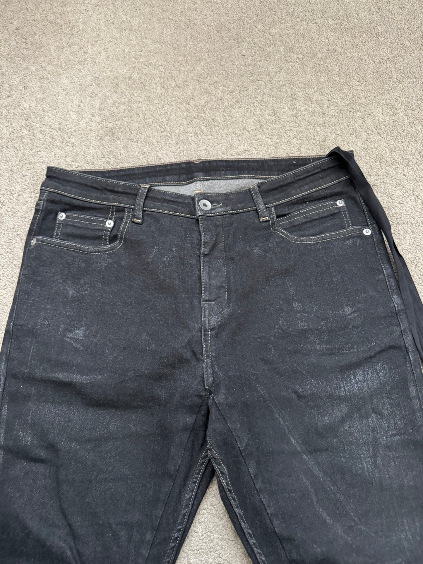 FW21 Rick Owens DRKSHDW Black Foil Waxed Detroit Denim Jeans