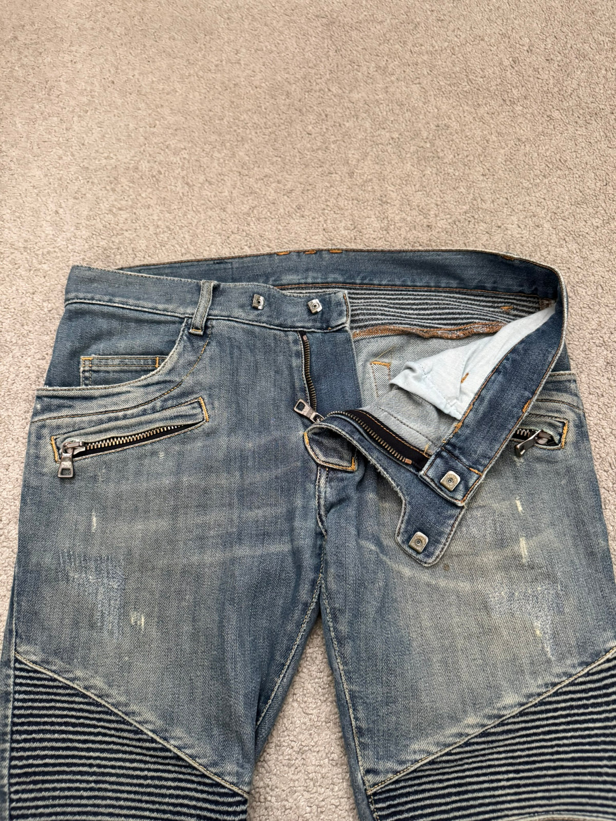 SS11 Balmain by Christophe Decarnin Faded Zip Biker Denim Jeans