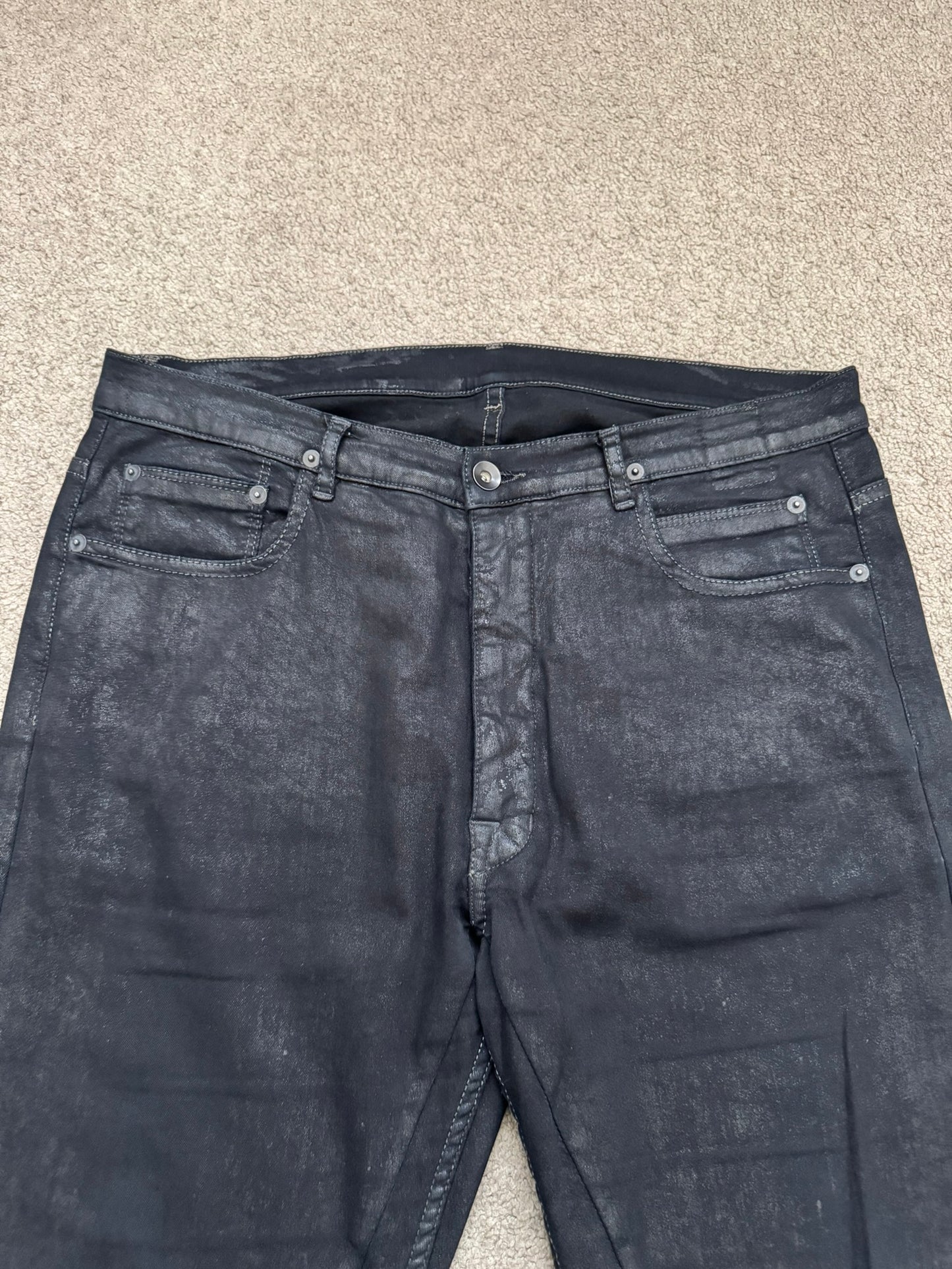 SS15 Rick Owens DRKSHDW Black Waxed Torrence Cut Denim Jeans