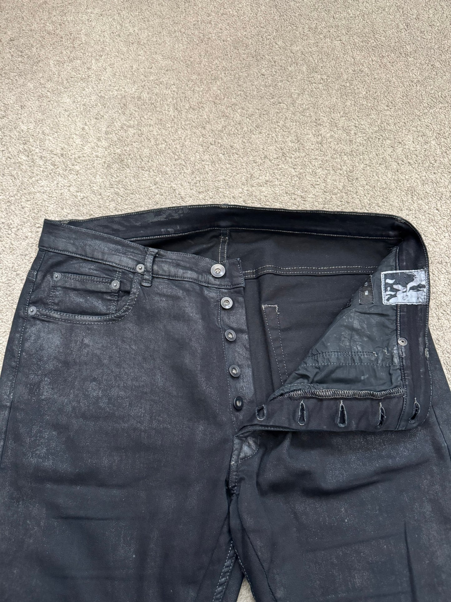 SS15 Rick Owens DRKSHDW Black Waxed Torrence Cut Denim Jeans